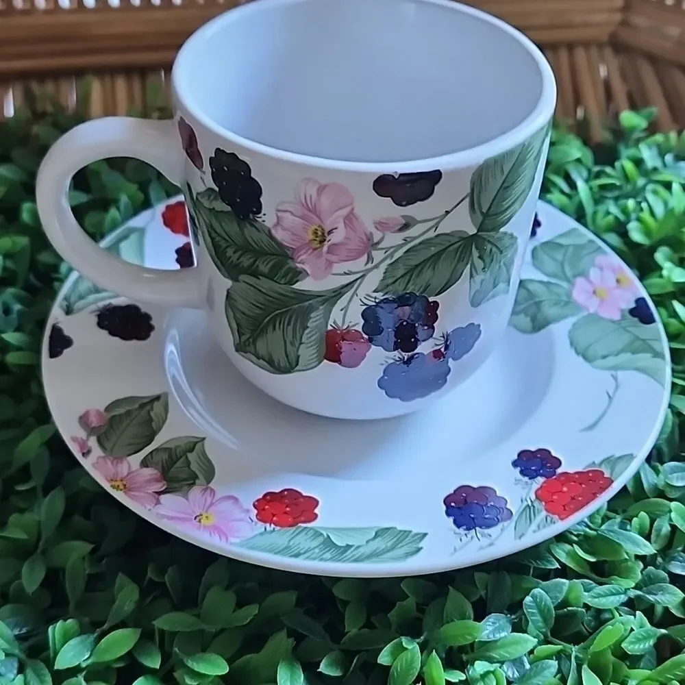 Vintage Stoneware Berries Teacup & Saucer Cottage Core Farmhouse Chic